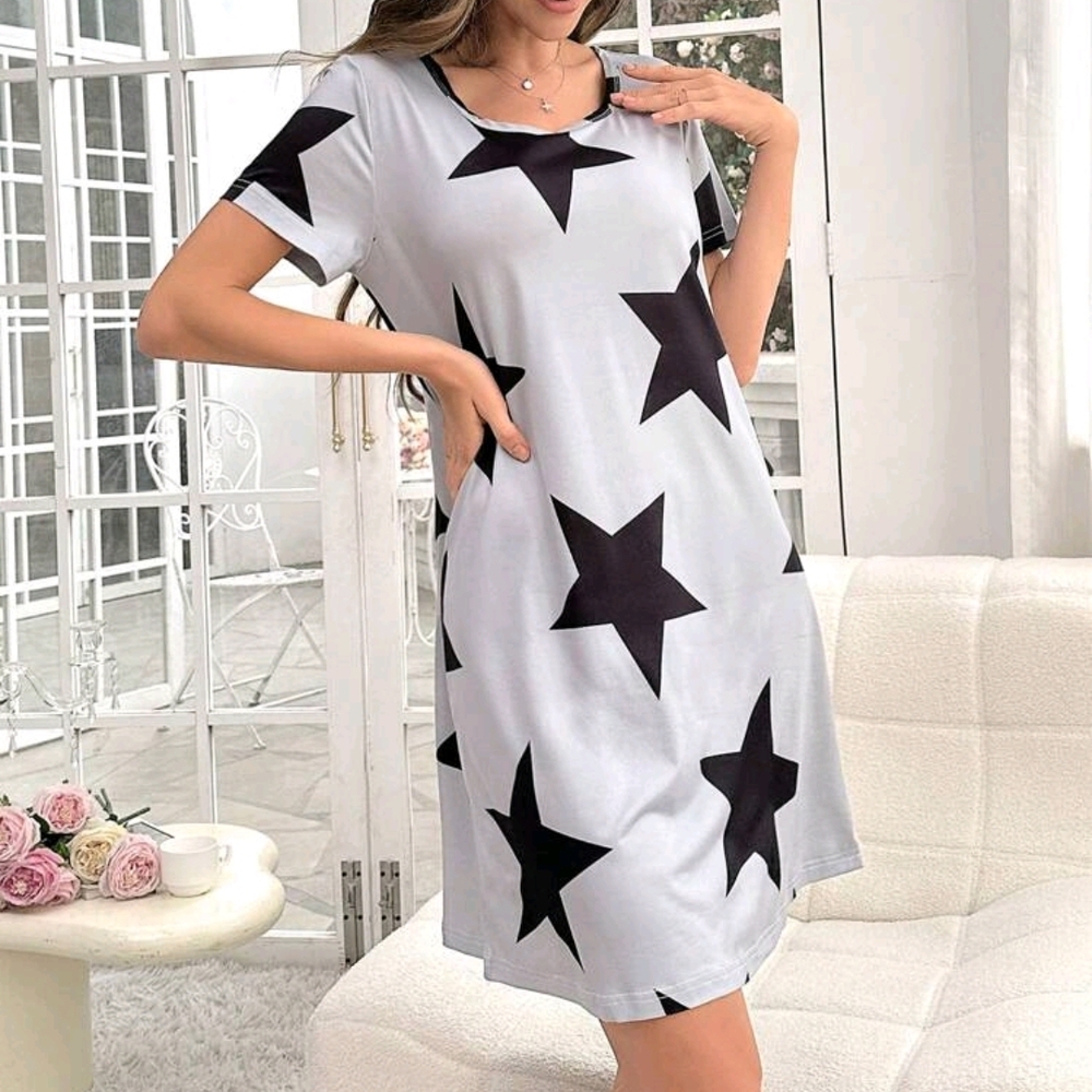 SHEIN Gray Star Print Sleep Dress